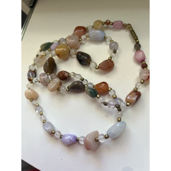 Polished Multi Stone Beggar Bead Necklace Multicolor Multi Color Agate 32” Brass - Picture 3 of 6